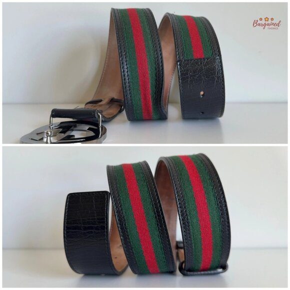 Authentic Gucci Web Green/Red Canvas Silver Interlocking G Buckle Belt 95/38 - Picture 8 of 14